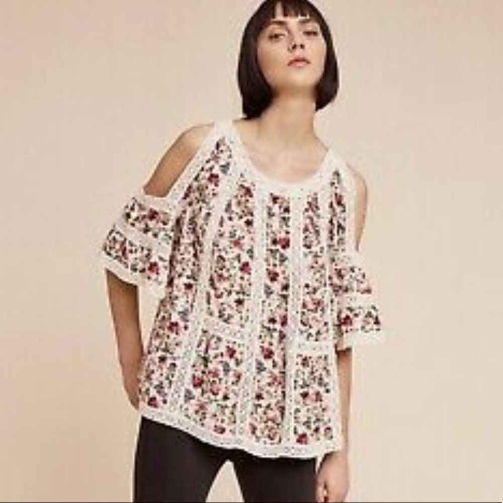 Anthropologie open shoulder floral blouse